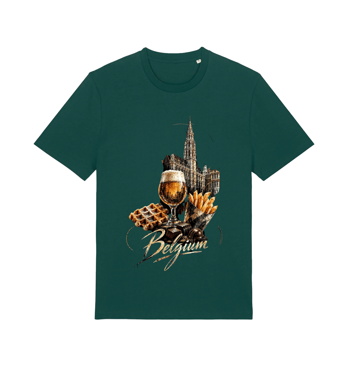 Green Belgium souvenir graphic T-shirt featuring Belgian beer, waffle, fries, chocolate and Brussels-inspired architecture