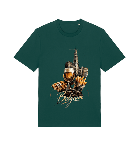Green Belgium souvenir graphic T-shirt featuring Belgian beer, waffle, fries, chocolate and Brussels-inspired architecture
