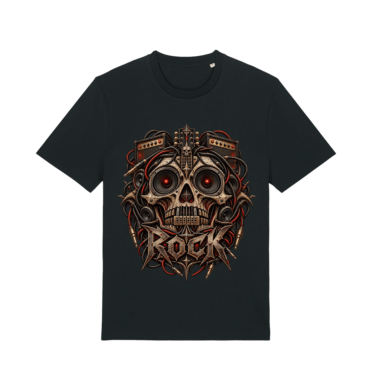 Women's black Amplified Skull rock graphic T-shirt featuring an intricate metallic skull with speakers, amplifiers, cables and bold ROCK lettering.