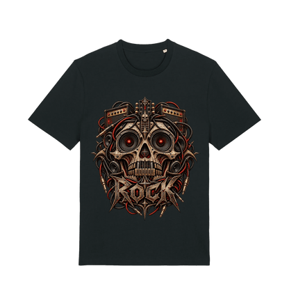 Women's black Amplified Skull rock graphic T-shirt featuring an intricate metallic skull with speakers, amplifiers, cables and bold ROCK lettering.