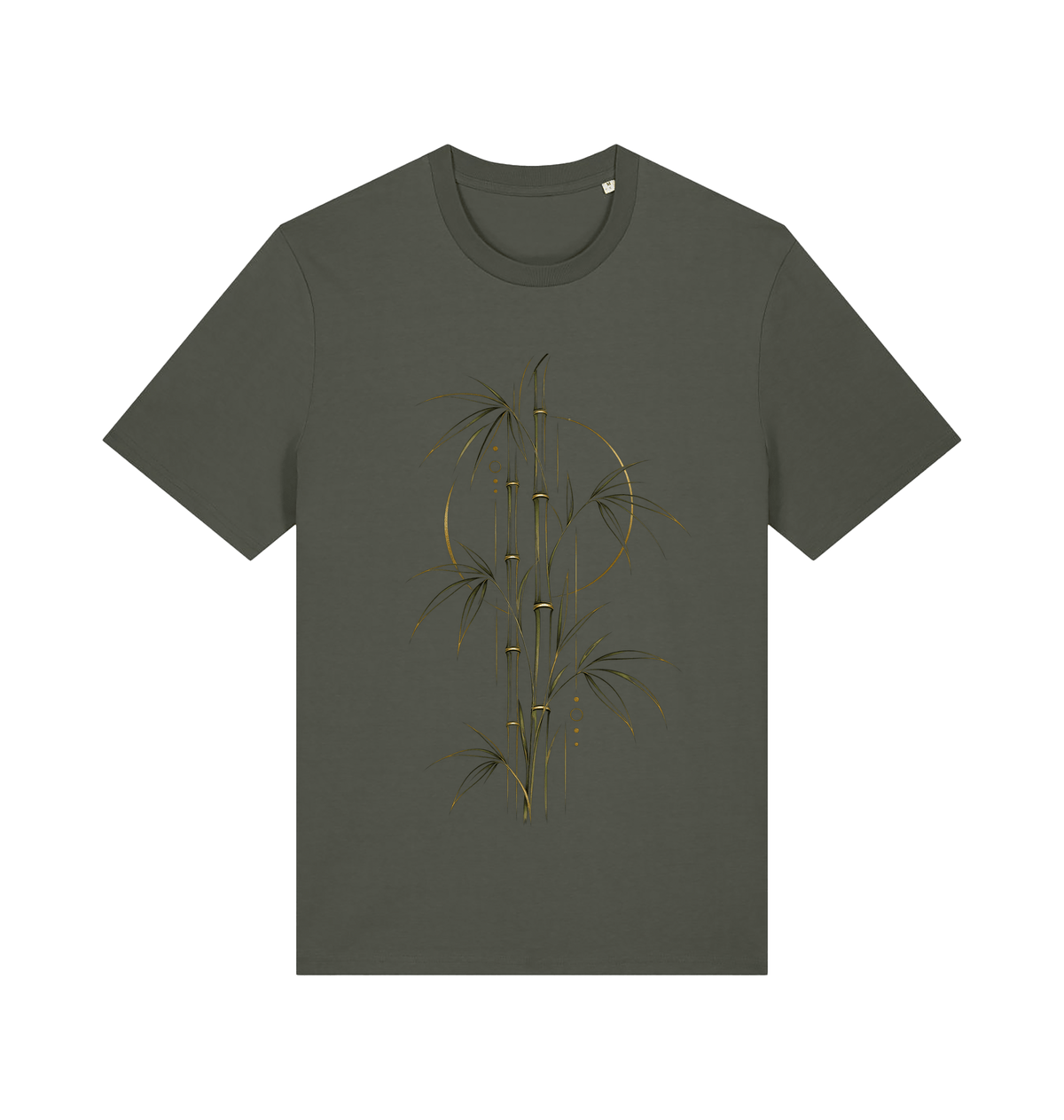 Olive green men's graphic T-shirt featuring the Golden Bamboo design with slender bamboo stems, leaves, antique-gold accents and circular geometric details.