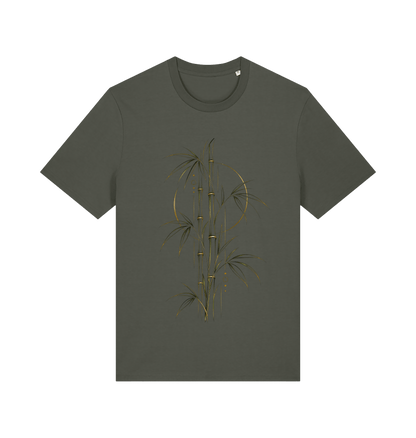 Olive green men's graphic T-shirt featuring the Golden Bamboo design with slender bamboo stems, leaves, antique-gold accents and circular geometric details.