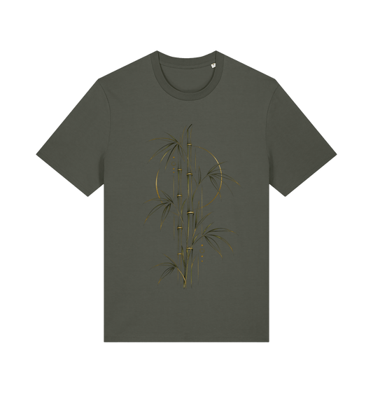 Olive green men's graphic T-shirt featuring the Golden Bamboo design with slender bamboo stems, leaves, antique-gold accents and circular geometric details.