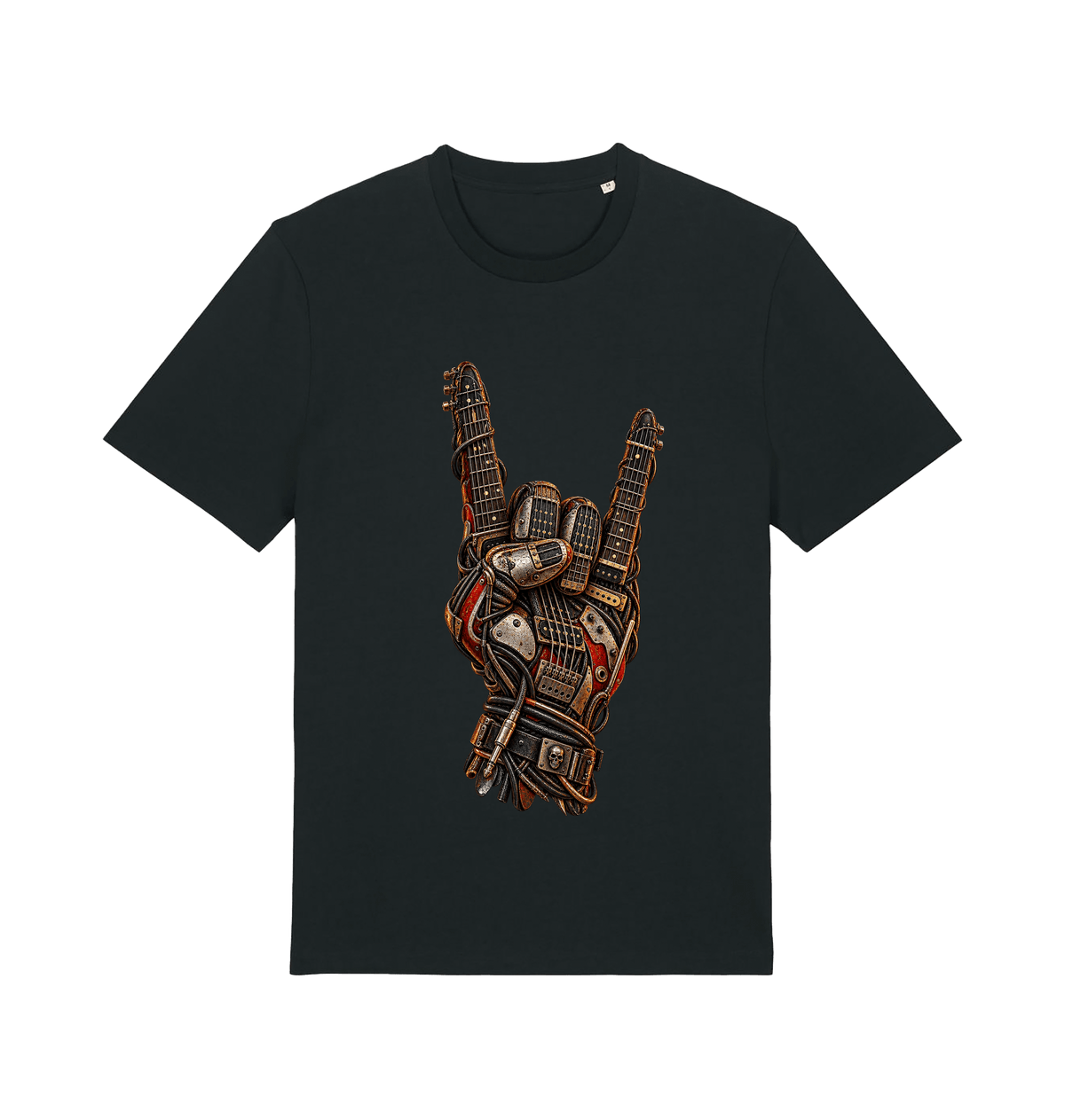 Men's black Guitar Rebellion rock graphic T-shirt featuring a mechanical hand making the rock horns gesture with two electric guitars.