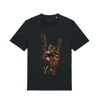 Men's black Guitar Rebellion rock graphic T-shirt featuring a mechanical hand making the rock horns gesture with two electric guitars.