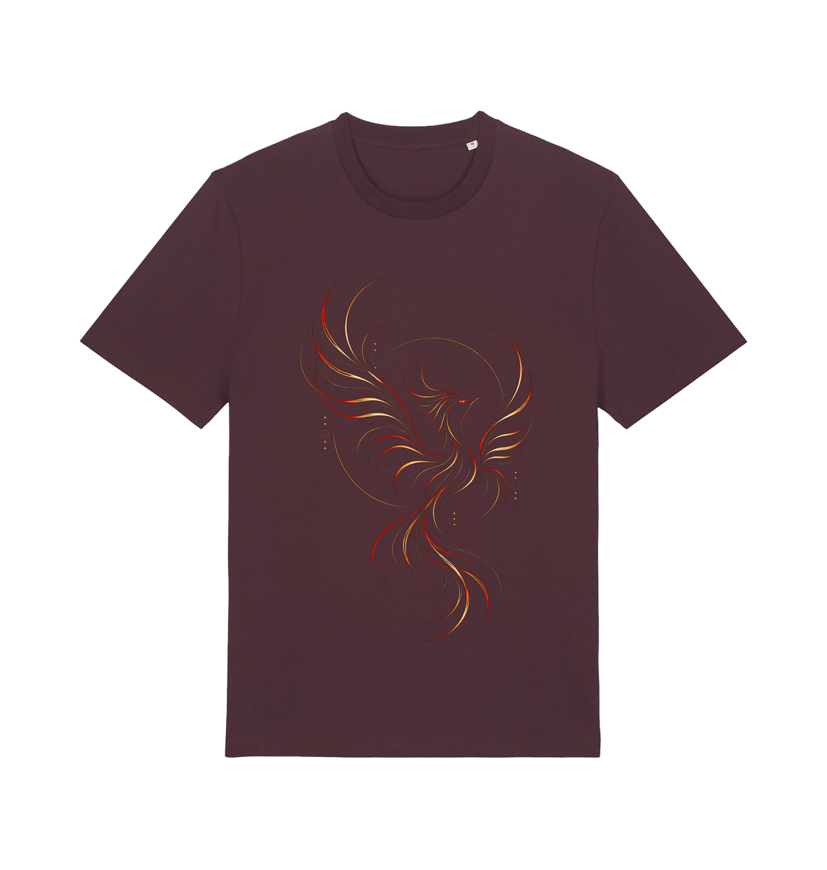 Burgundy graphic T-shirt featuring the Crimson Phoenix design with a flowing phoenix-inspired bird in crimson, gold and dark curved linework.