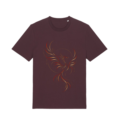 Burgundy graphic T-shirt featuring the Crimson Phoenix design with a flowing phoenix-inspired bird in crimson, gold and dark curved linework.