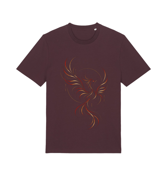 Burgundy graphic T-shirt featuring the Crimson Phoenix design with a flowing phoenix-inspired bird in crimson, gold and dark curved linework.