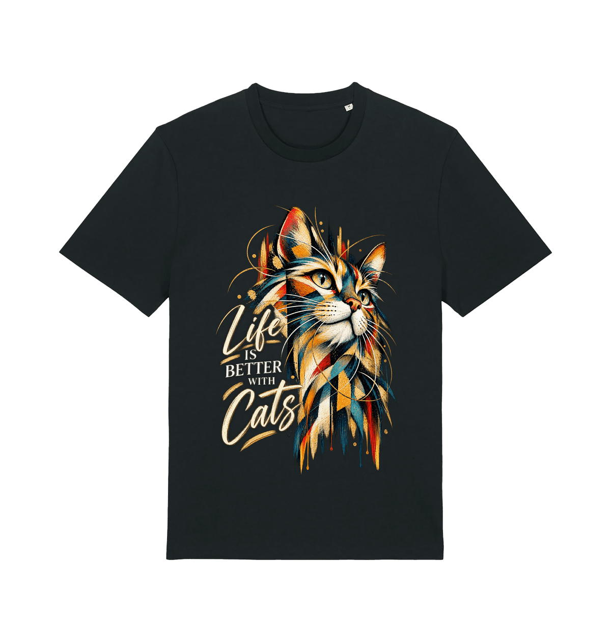 Women’s black Better With Cats graphic T-shirt featuring a colourful artistic cat portrait and Life Is Better With Cats typography