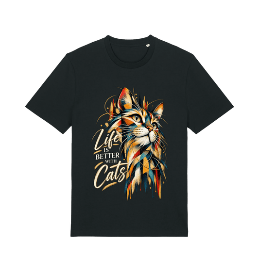 Women’s black Better With Cats graphic T-shirt featuring a colourful artistic cat portrait and Life Is Better With Cats typography