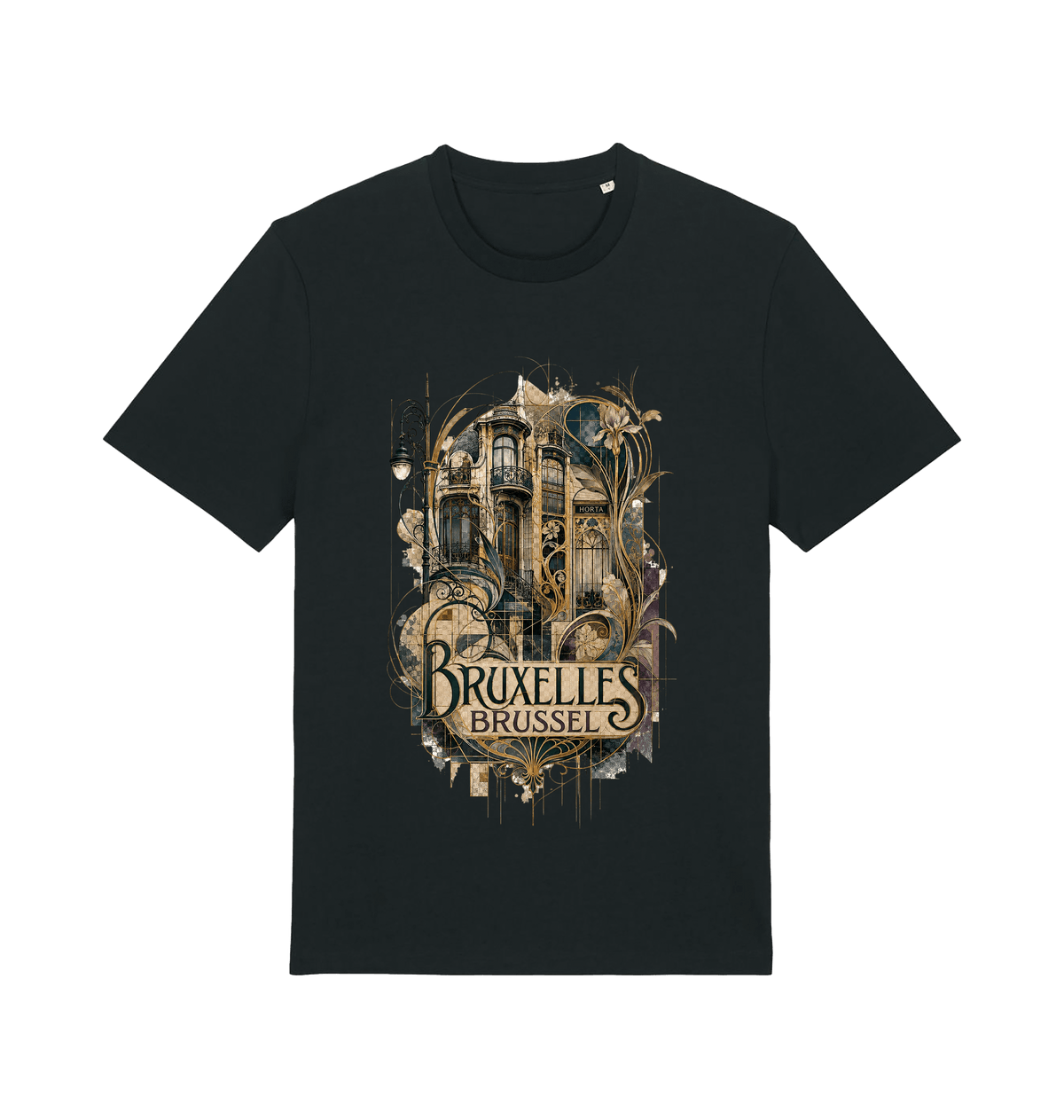 Black Brussels Belgium souvenir graphic T-shirt featuring Art Nouveau architecture and botanical artwork in antique gold and cream