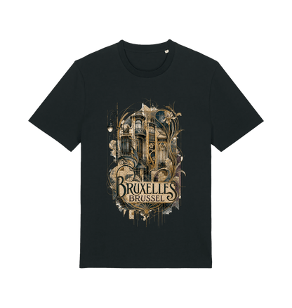Black Brussels Belgium souvenir graphic T-shirt featuring Art Nouveau architecture and botanical artwork in antique gold and cream