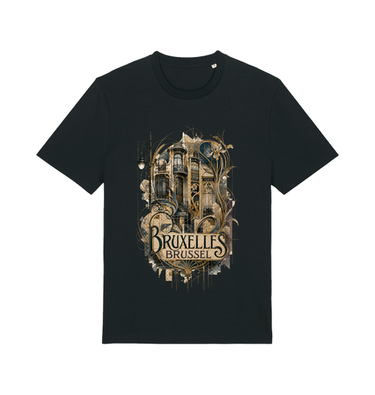 Black Brussels Belgium souvenir graphic T-shirt featuring Art Nouveau architecture and botanical artwork in antique gold and cream