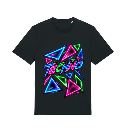 Black women's graphic T-shirt featuring neon blue, pink and green geometric triangles with bold TECHNO lettering by Exalyn Studio.