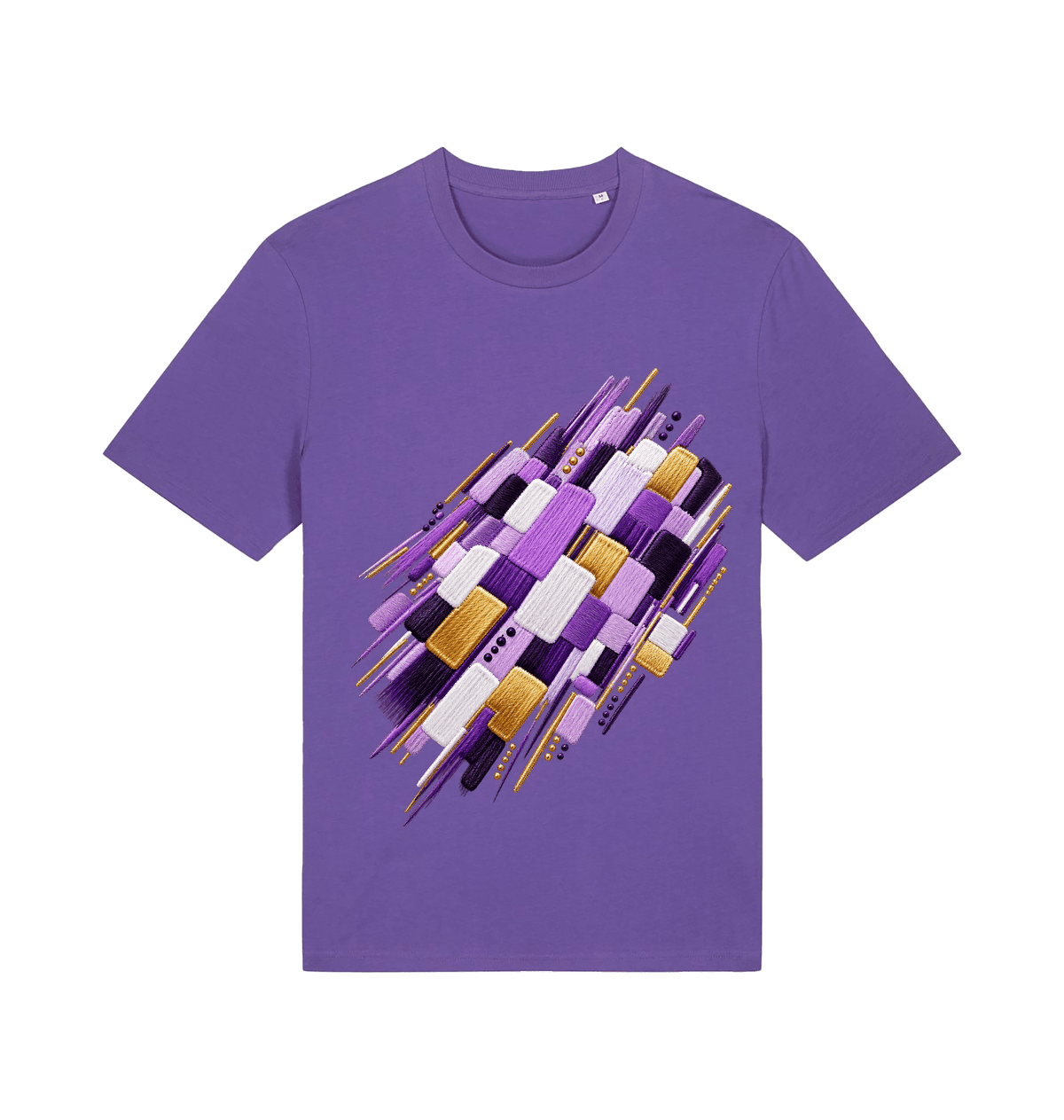 Purple women's graphic T-shirt featuring abstract layered geometric artwork in violet, lilac, white, deep plum and gold by Exalyn Studio.