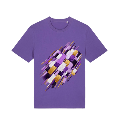 Purple women's graphic T-shirt featuring abstract layered geometric artwork in violet, lilac, white, deep plum and gold by Exalyn Studio.