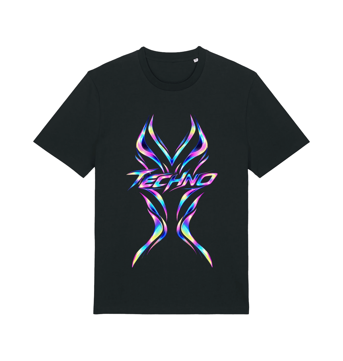 Black women's graphic T-shirt with flowing iridescent blue, pink, violet and yellow TECHNO artwork by Exalyn Studio.