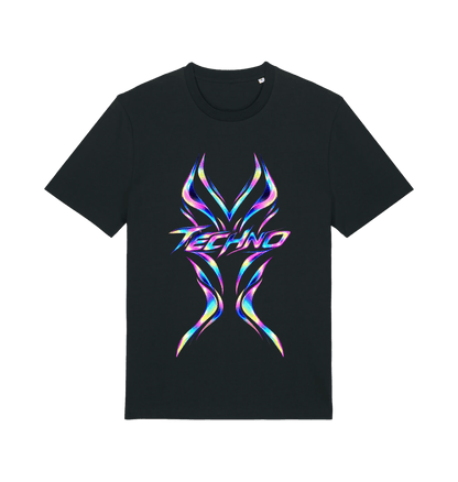 Black women's graphic T-shirt with flowing iridescent blue, pink, violet and yellow TECHNO artwork by Exalyn Studio.