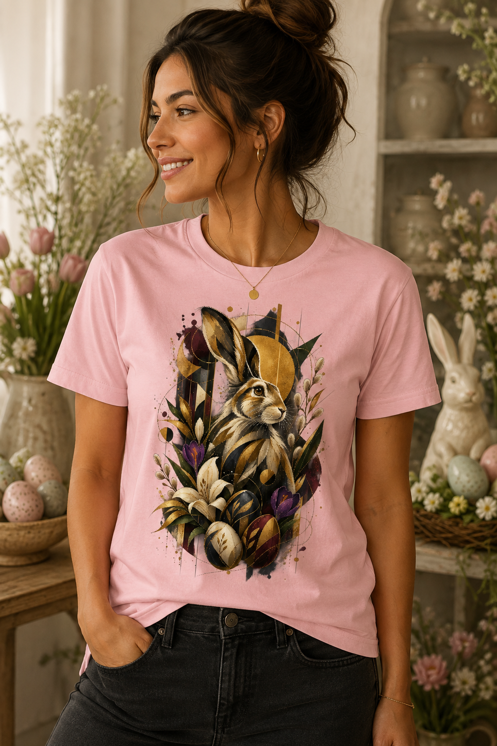 Woman wearing a pink Easter graphic T-shirt featuring an artistic hare, decorated Easter eggs, spring flowers and geometric elements in gold, burgundy and purple tones.