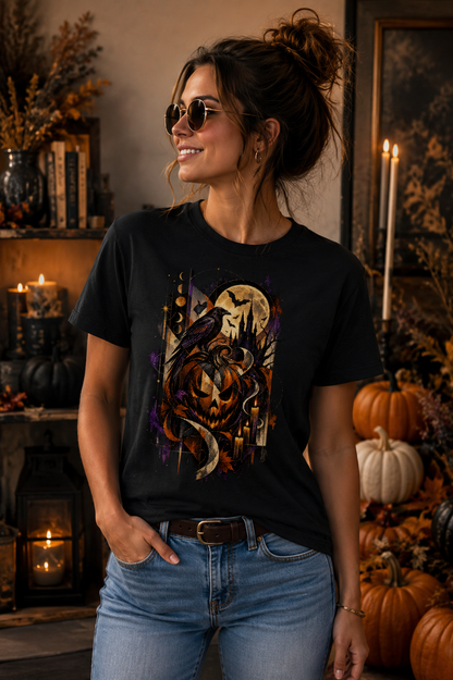 Women's black Halloween graphic T-shirt featuring a jack-o'-lantern, raven, full moon, candles and geometric details in orange, gold and purple tones.