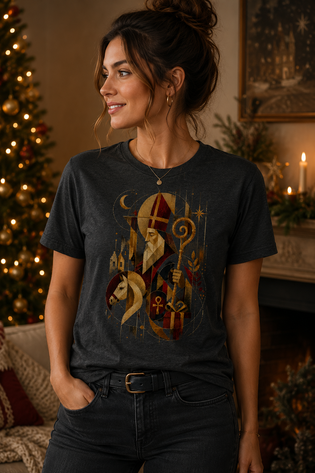Women's dark grey seasonal graphic T-shirt featuring an artistic geometric Saint Nicholas design with horse, staff and gift in burgundy and antique gold tones.