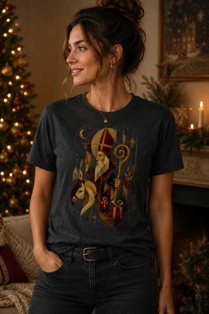 Women's dark grey seasonal graphic T-shirt featuring an artistic geometric Saint Nicholas design with horse, staff and gift in burgundy and antique gold tones.