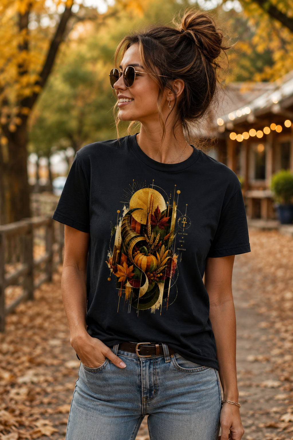 Women's Thanksgiving seasonal graphic T-shirt featuring an artistic pumpkin, autumn leaves and geometric harvest design in warm gold, amber and burgundy tones.