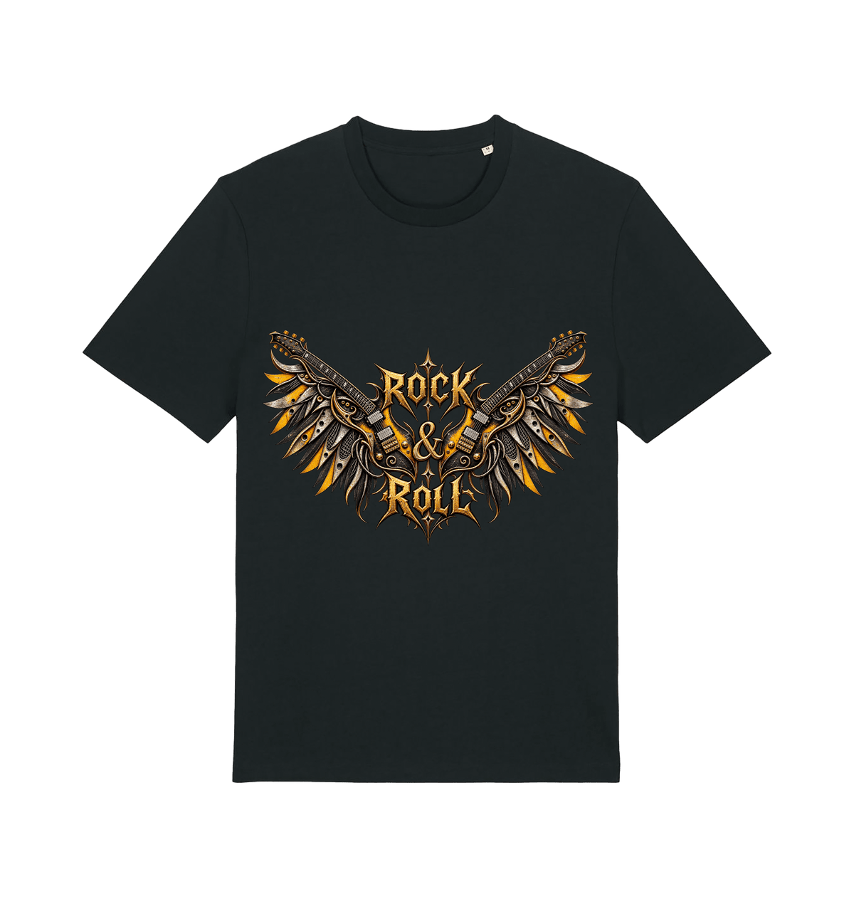 Women's black Born to Rock graphic T-shirt featuring two electric guitars with metallic wings and gold Rock & Roll lettering.