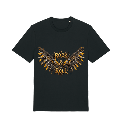 Women's black Born to Rock graphic T-shirt featuring two electric guitars with metallic wings and gold Rock & Roll lettering.
