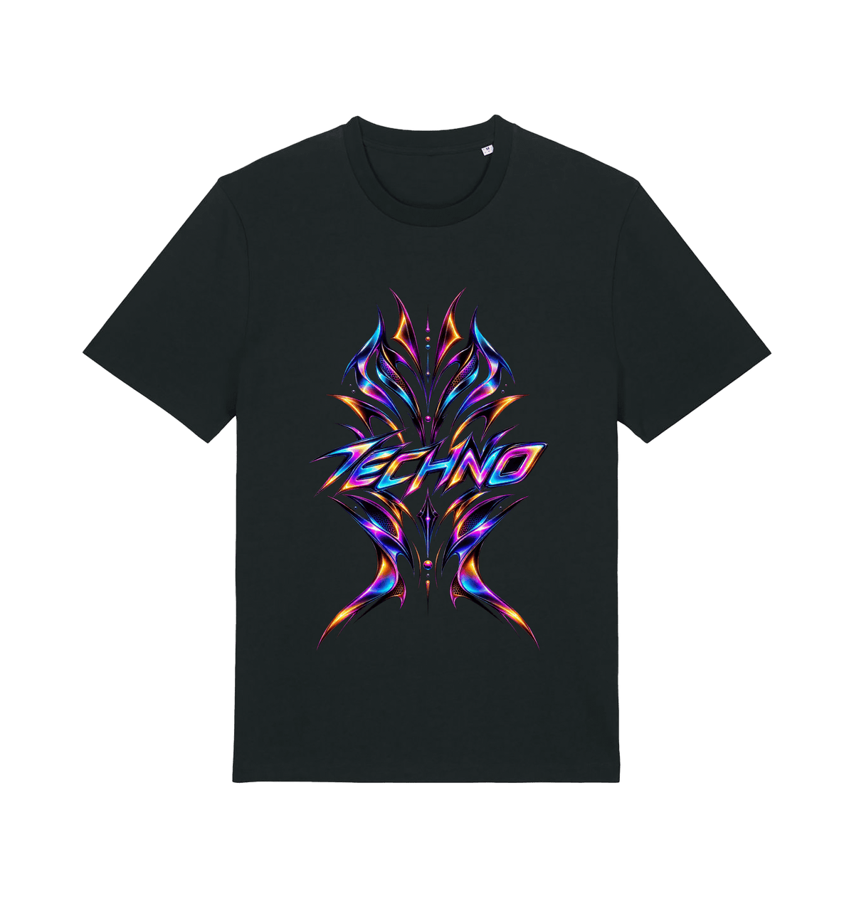 Black men's graphic T-shirt with colourful neon TECHNO artwork in blue, magenta, violet and orange by Exalyn Studio.
