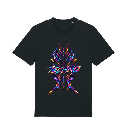 Black men's graphic T-shirt with colourful neon TECHNO artwork in blue, magenta, violet and orange by Exalyn Studio.