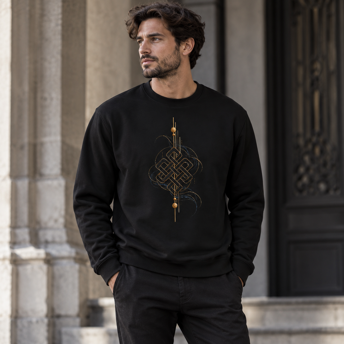 A man wearing a Black unisex graphic sweatshirt featuring an intricate golden interwoven geometric artwork with subtle blue accents by Exalyn Studio.