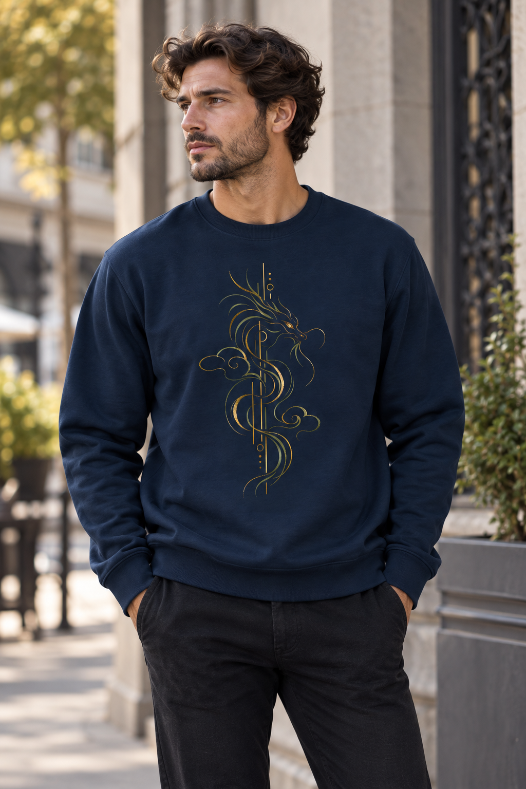 Men wearing a Navy unisex graphic sweatshirt featuring a stylized golden line-art dragon surrounded by flowing cloud forms by Exalyn Studio.