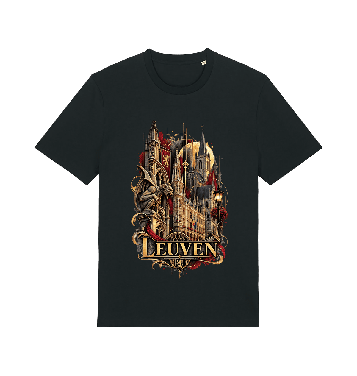 Black Leuven Belgium souvenir graphic T-shirt featuring Gothic architecture and sculptural details in antique gold and burgundy