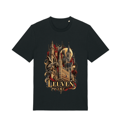 Black Leuven Belgium souvenir graphic T-shirt featuring Gothic architecture and sculptural details in antique gold and burgundy