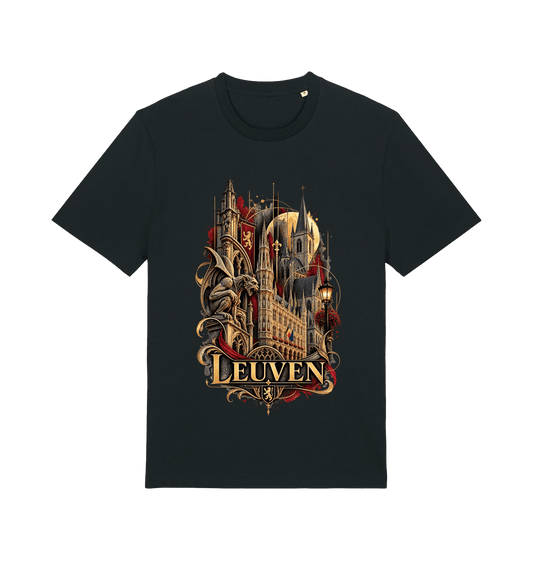 Black Leuven Belgium souvenir graphic T-shirt featuring Gothic architecture and sculptural details in antique gold and burgundy