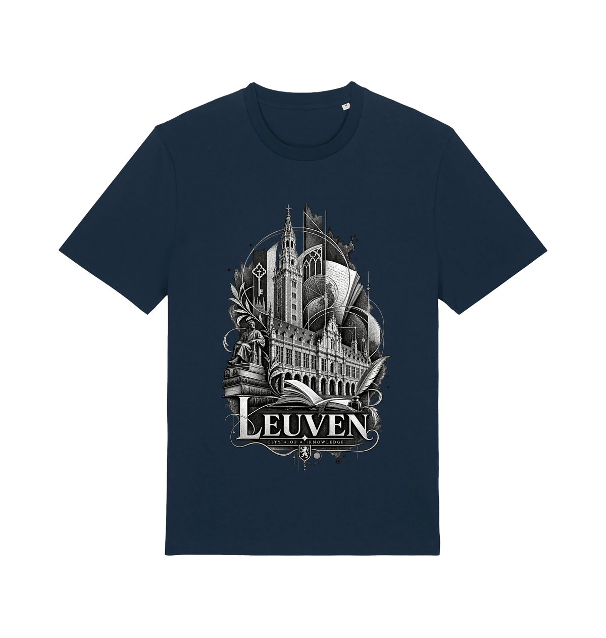 Navy Leuven Belgium souvenir graphic T-shirt featuring monochrome historic architecture, books and sculptural details
