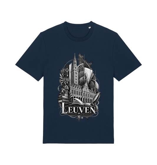 Navy Leuven Belgium souvenir graphic T-shirt featuring monochrome historic architecture, books and sculptural details