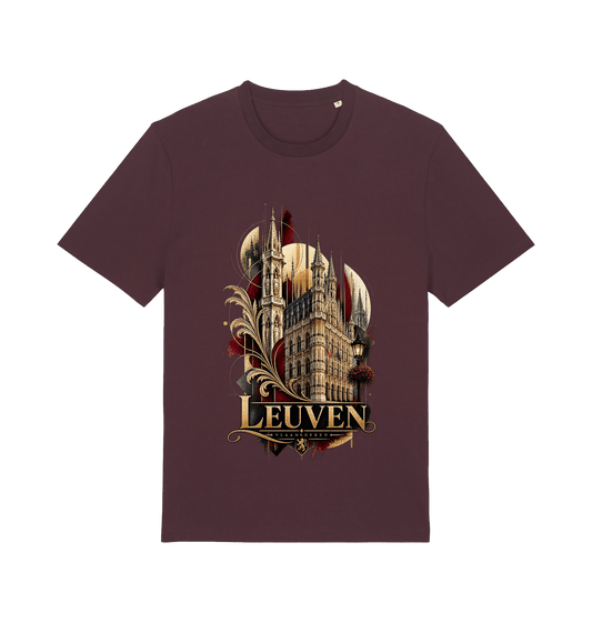 Burgundy Leuven Belgium souvenir graphic T-shirt featuring Gothic architecture with antique gold, cream and burgundy artistic details