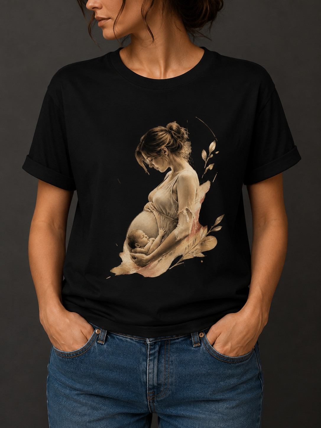 Woman wearing Lunar Cradle motherhood graphic T-shirt with mother and child moon artwork