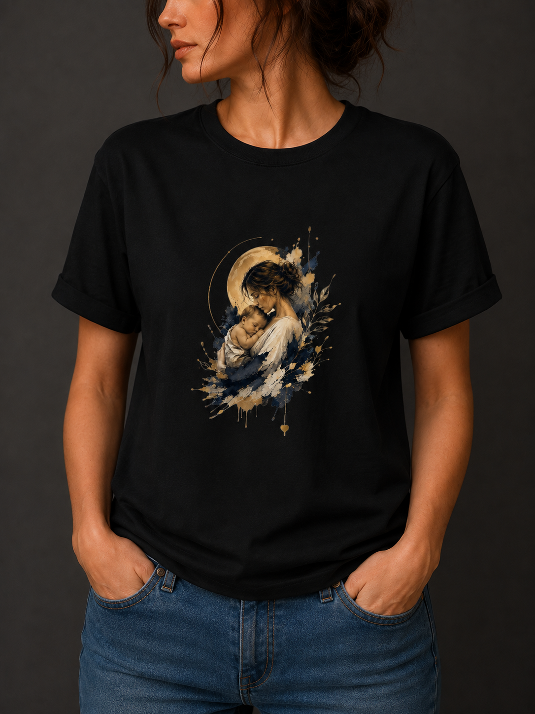 Woman wearing Mother & Child women's motherhood graphic T-shirt with botanical artwork