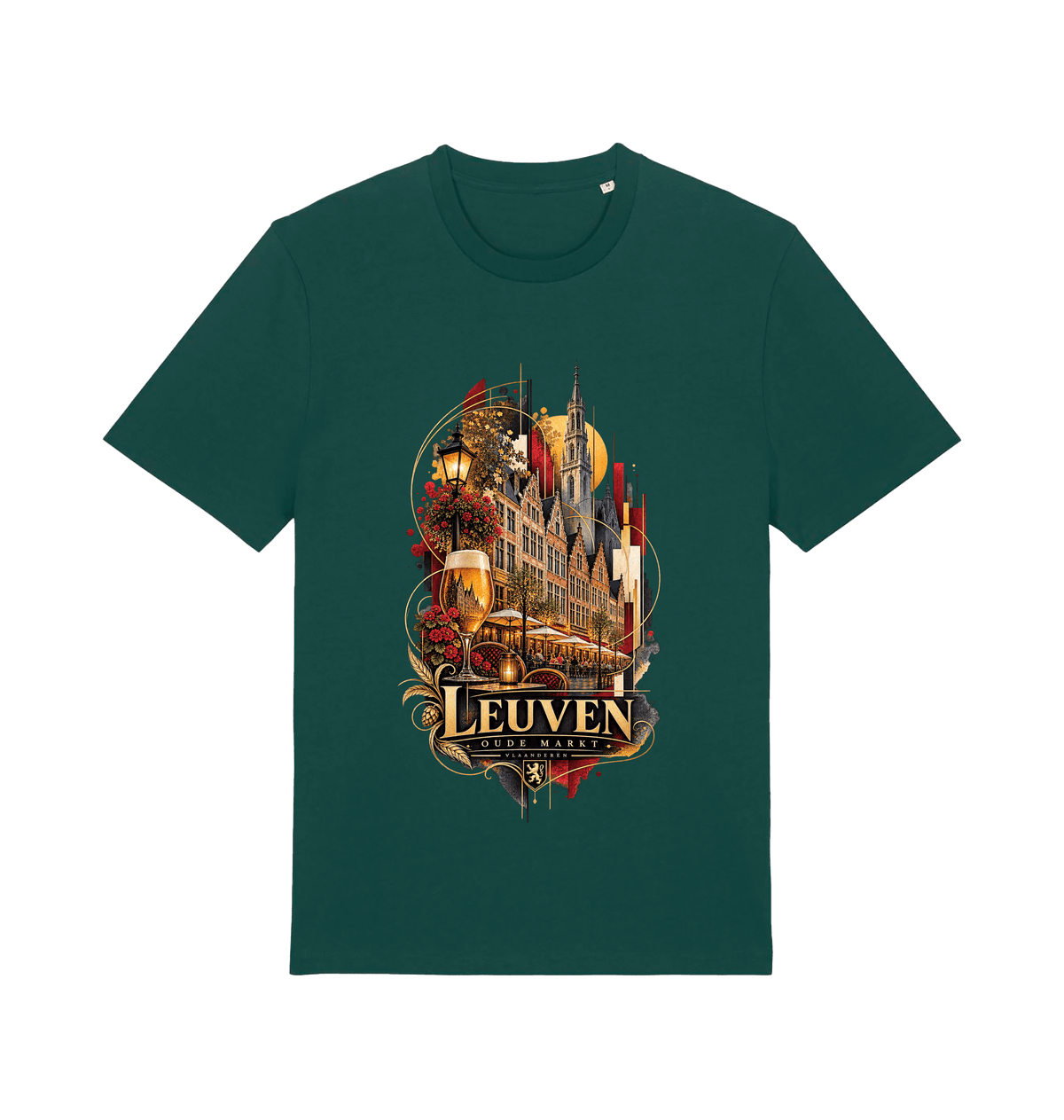 Green Leuven Belgium souvenir graphic T-shirt featuring Oude Markt architecture, café terraces, flowers and Belgian beer in gold and burgundy tones