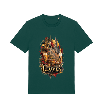 Green Leuven Belgium souvenir graphic T-shirt featuring Oude Markt architecture, café terraces, flowers and Belgian beer in gold and burgundy tones