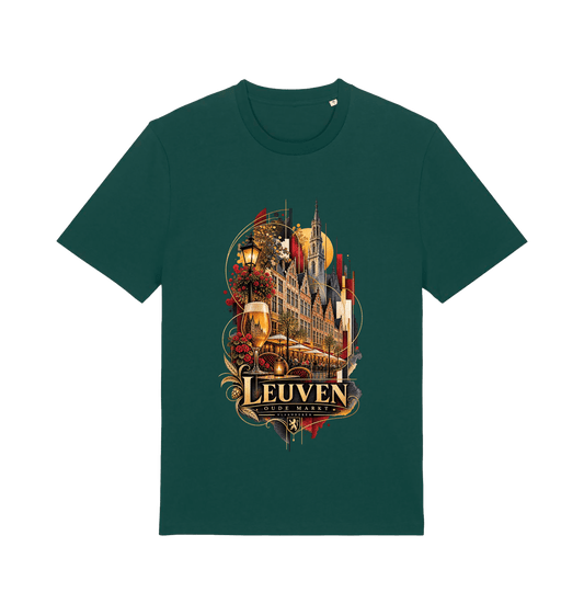 Green Leuven Belgium souvenir graphic T-shirt featuring Oude Markt architecture, café terraces, flowers and Belgian beer in gold and burgundy tones