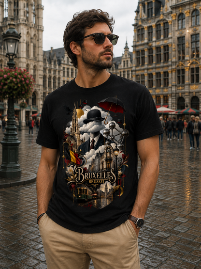 A man wearing a black graphic t-shirt with a vintage-style Brussels illustration, standing in a cobblestone city square with historic buildings in the background.