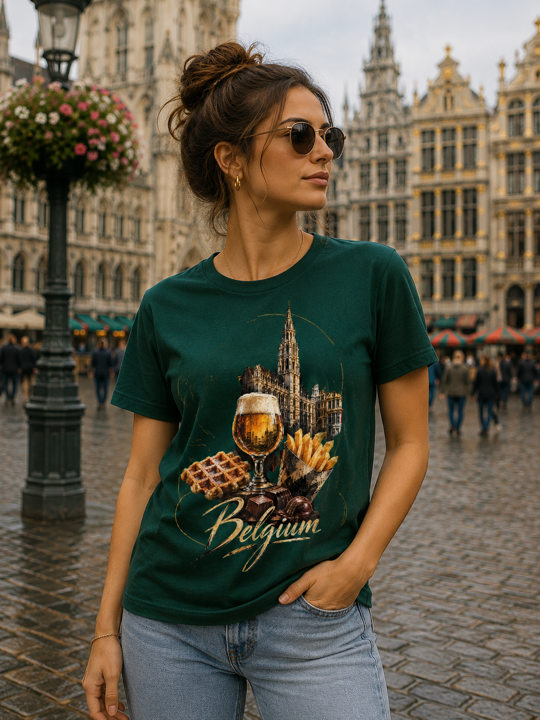 A woman wearing a Green Belgium souvenir graphic T-shirt featuring Belgian beer, waffle, fries, chocolate and Brussels-inspired architecture