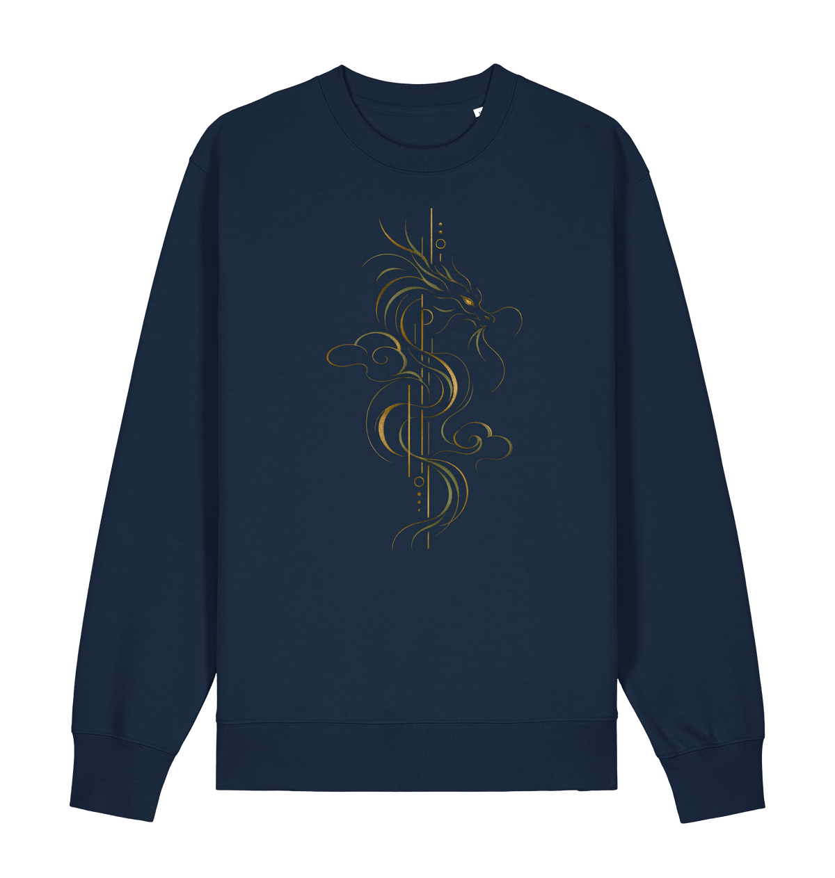 Navy unisex graphic sweatshirt featuring a stylized golden line-art dragon surrounded by flowing cloud forms by Exalyn Studio.