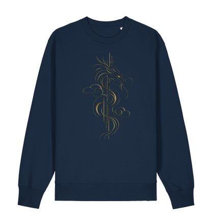 Navy unisex graphic sweatshirt featuring a stylized golden line-art dragon surrounded by flowing cloud forms by Exalyn Studio.