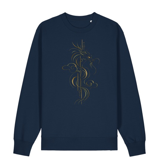 Navy unisex graphic sweatshirt featuring a stylized golden line-art dragon surrounded by flowing cloud forms by Exalyn Studio.