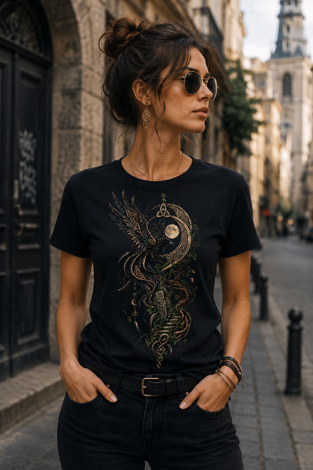 Woman wearing black Celtic Raven Moon graphic T-shirt featuring a raven, moon, triquetra and intricate antique-gold Celtic knotwork.